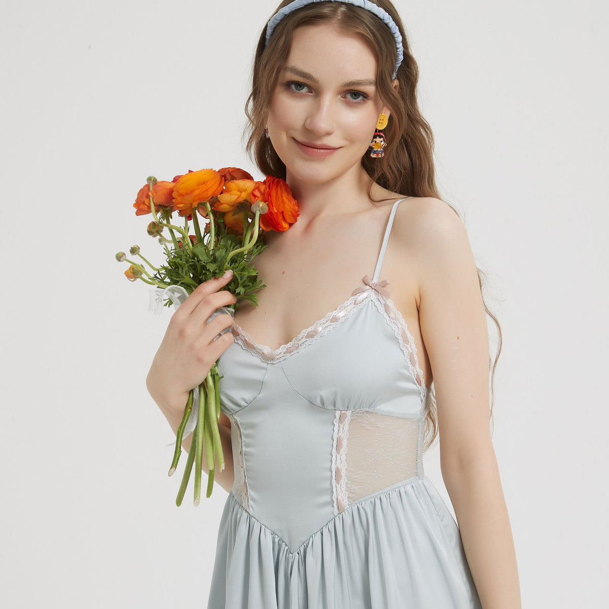 Baby Blue Silk Sexy Side Body Lace Nightdress Risette Baby Blue Silk Sexy Side Body Lace Nightdress Risette