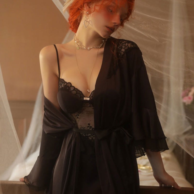 Black Sexy Elegant See through Nightdress with Robe Risette Black Sexy Elegant See through Nightdress with Robe Risette