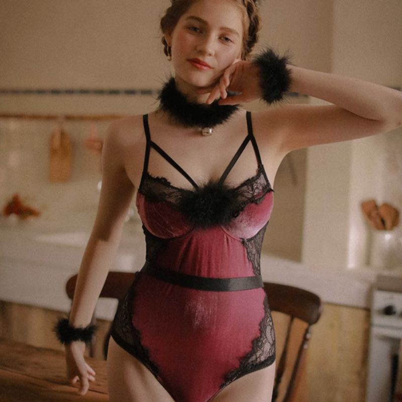 Erotic Mesh Suspender Satin Red Velvet Lingerie Bodysuit Adult