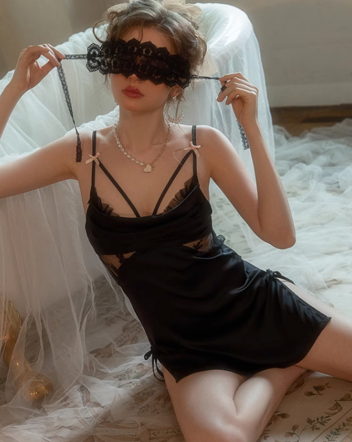 Black Elegant Lace Spaghetti Slip Dress Lingerie
