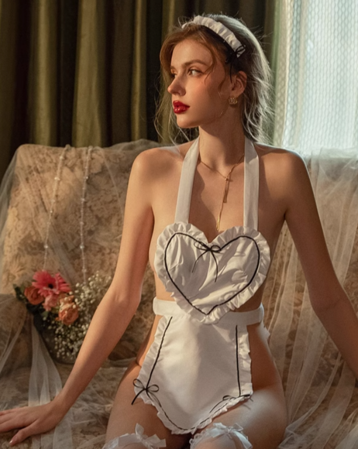 Sexy Seductive White Heart Apron Lingerie Risette Sexy Seductive White Heart Apron Lingerie Risette