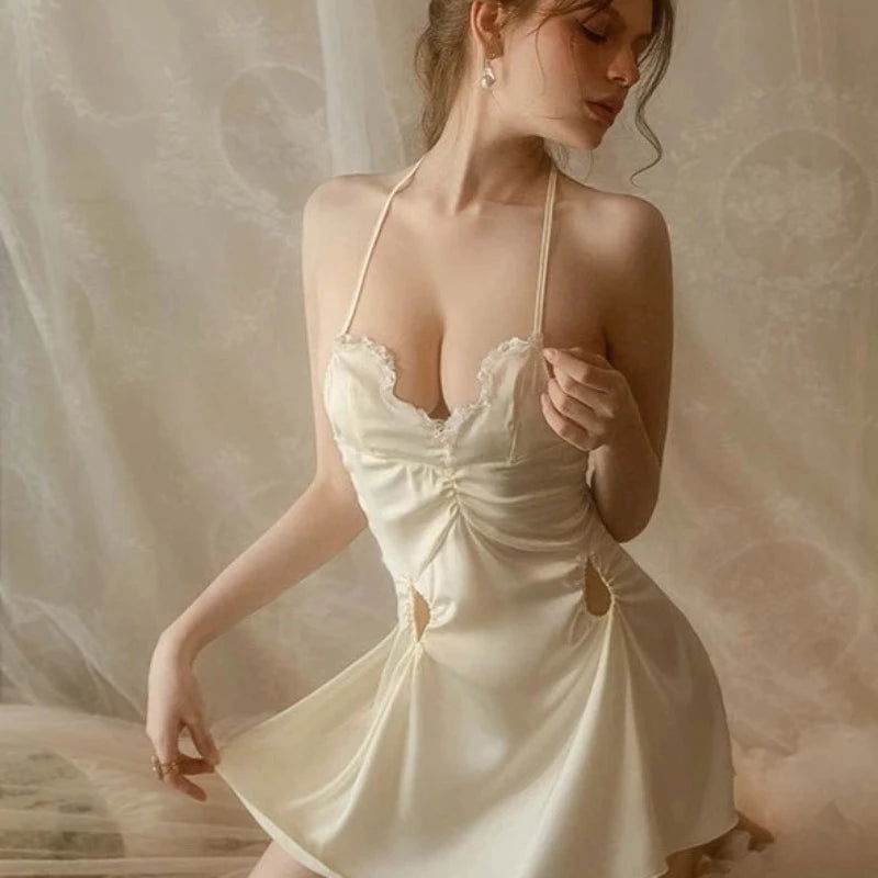 Silky Sexy Beige Nightdress with Chest Pad Lingerie Risette Silky Sexy Beige Nightdress with Chest Pad Lingerie Risette