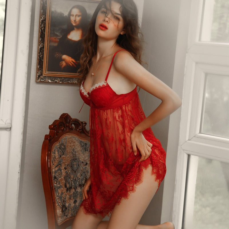 Red transparent lace sexy wife lingerie with chest pad – Risette