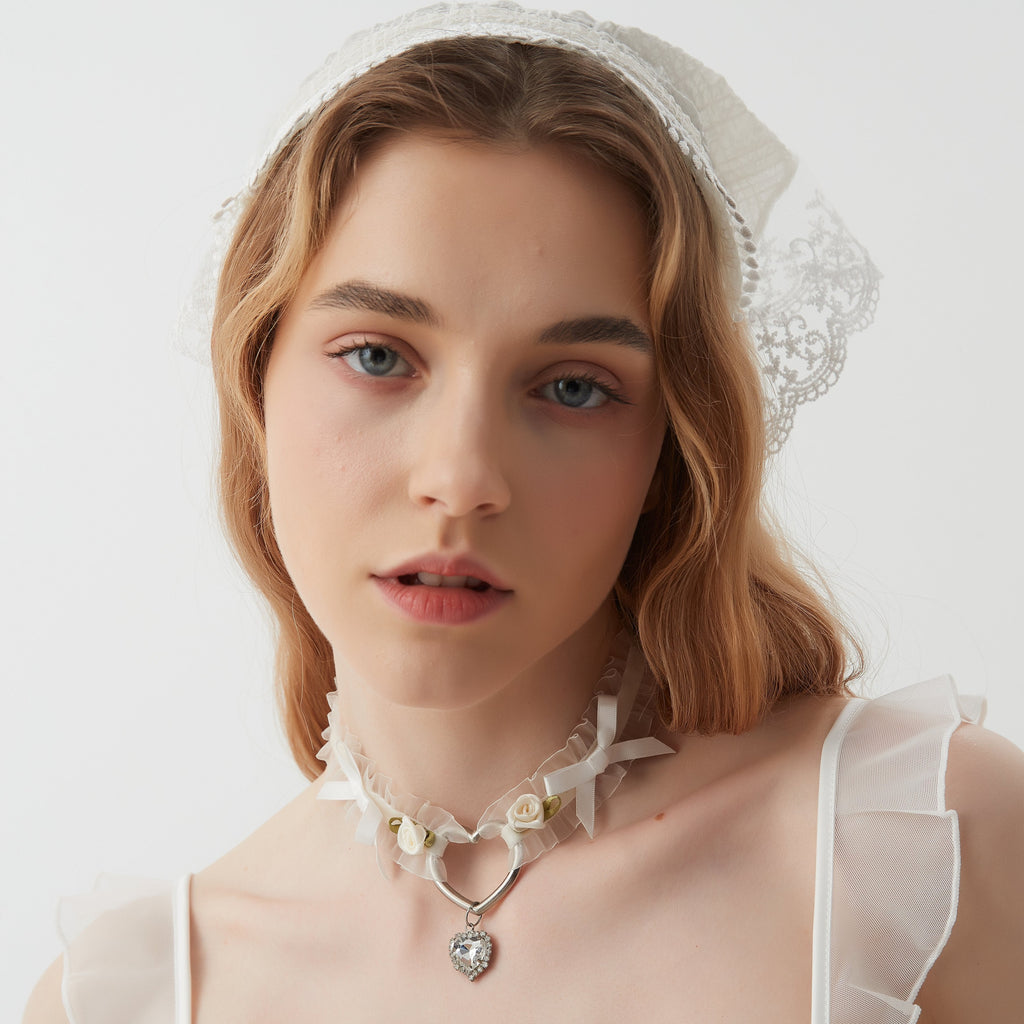 Delicate Floral Ribbon Choker with Heart Pendant