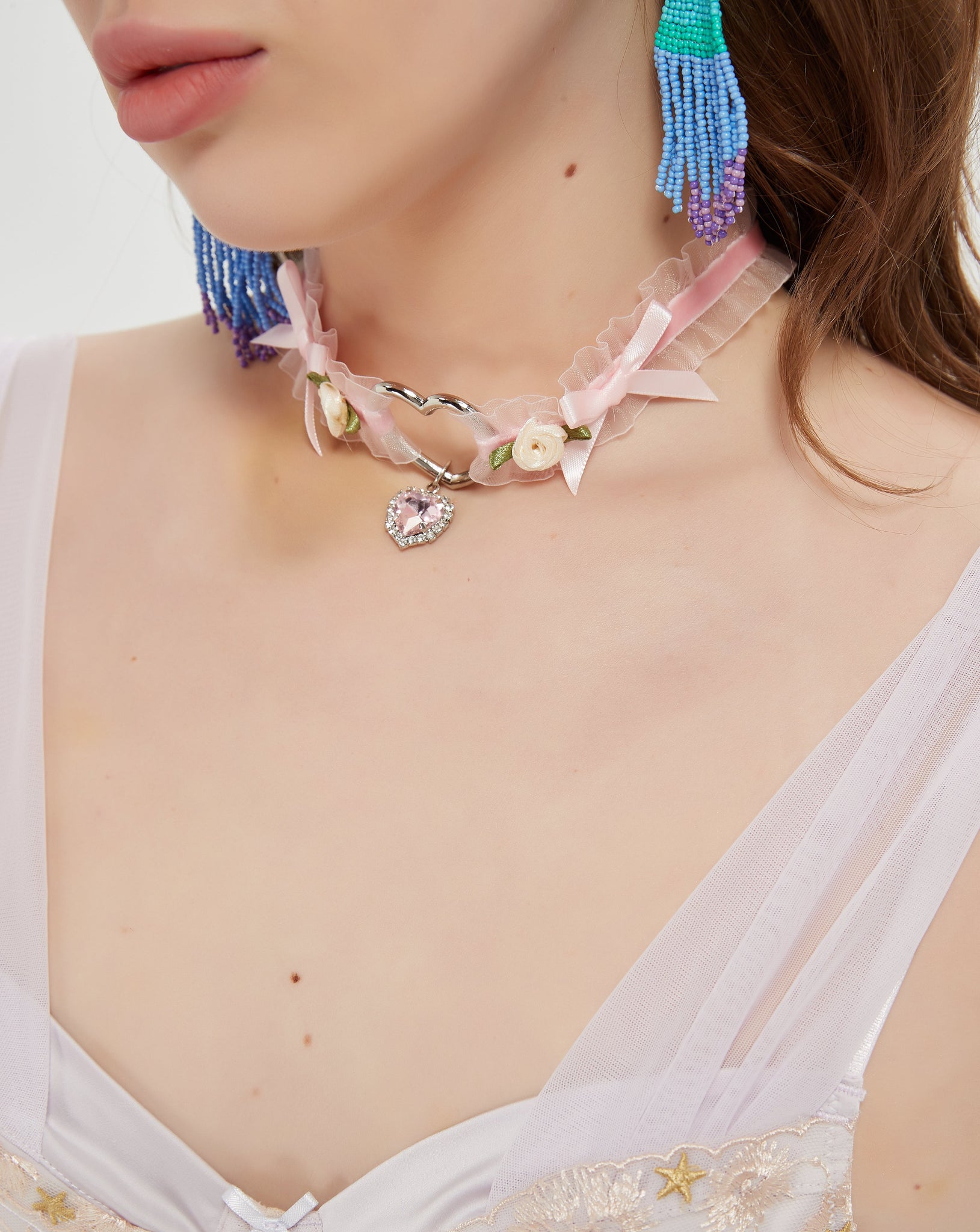 Delicate Floral Ribbon Choker with Heart Pendant