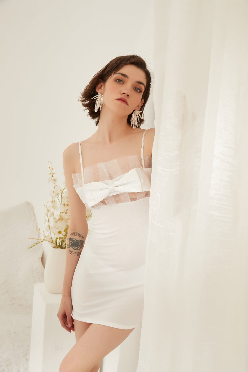 White Sophisticated Sheer Panel Bow-Front Midi Night Dress
