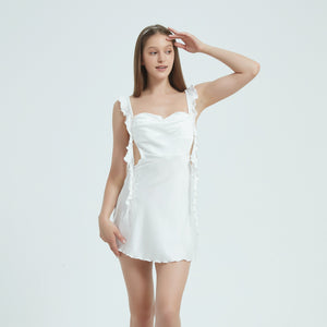 Chic White Ruffled Satin Slip Dress