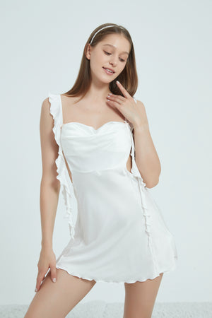 Chic White Ruffled Satin Slip Dress