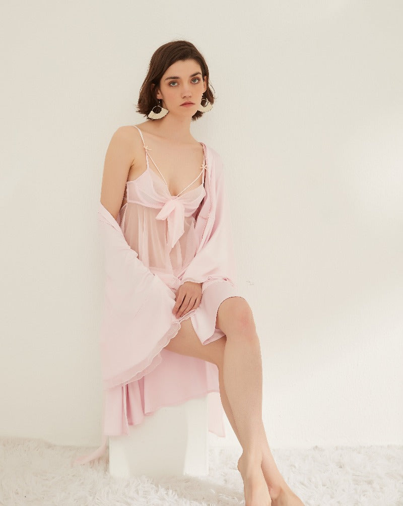 Pink Lace-Adorned Sheer Nightdress