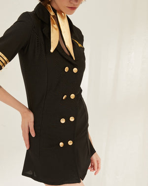 Pilot-Inspired Black Dress with Gold Trim and Cap