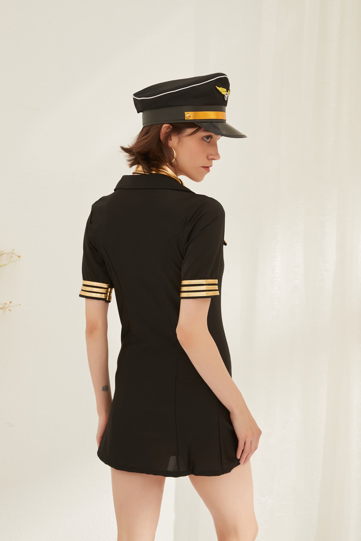 Pilot Black Dress with Gold Trim and Cap