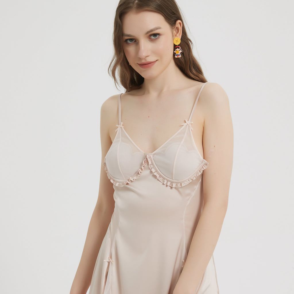 Cream Mesh Panel Babydoll with Ruffle Accents