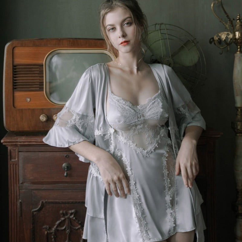 Baby Blue Lace Hollow out Sheer Silk Nightdress - Risette 