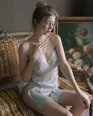 Baby Blue Lace Hollow out Sheer Silk Nightdress - Risette 