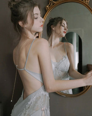Baby Blue Lace Hollow out Sheer Silk Nightdress - Risette 