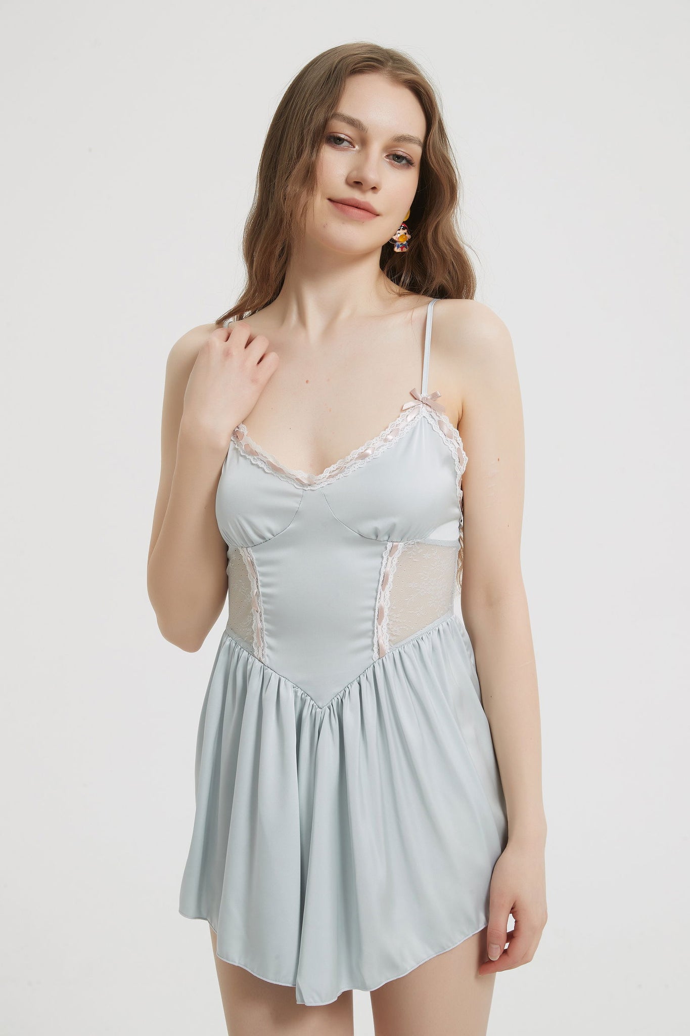 Baby Blue Silk Sexy Side Body Lace Nightdress - Risette 