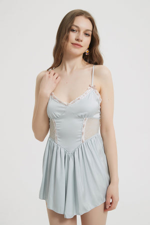 Baby Blue Silk Sexy Side Body Lace Nightdress - Risette 