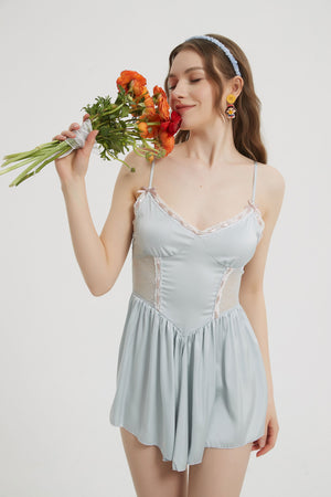 Baby Blue Silk Sexy Side Body Lace Nightdress - Risette 