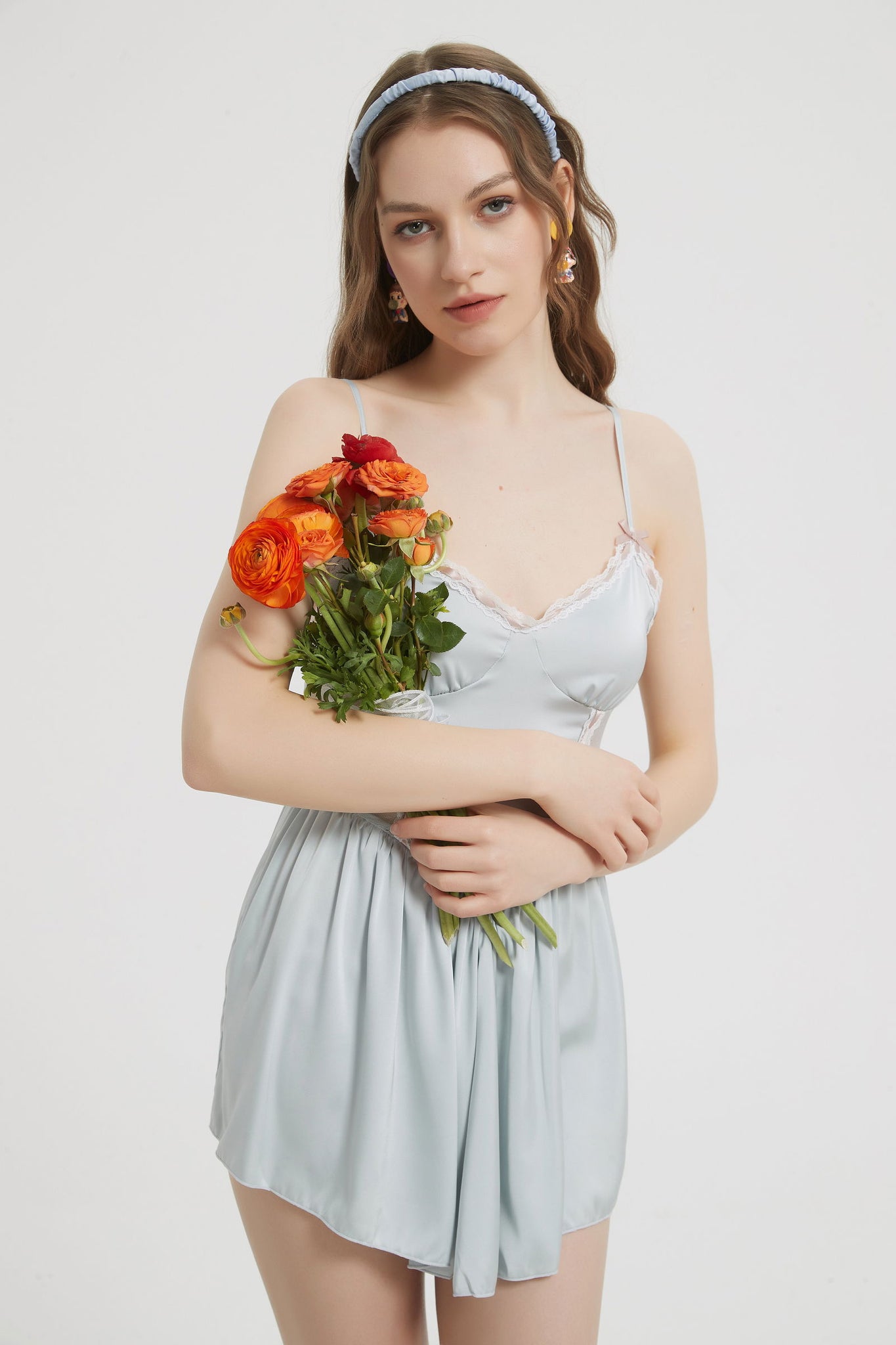 Baby Blue Silk Sexy Side Body Lace Nightdress - Risette 