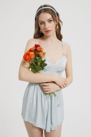 Baby Blue Silk Sexy Side Body Lace Nightdress - Risette 