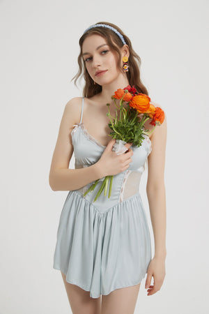Baby Blue Silk Sexy Side Body Lace Nightdress - Risette 