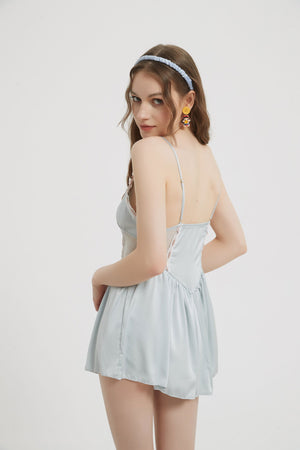 Baby Blue Silk Sexy Side Body Lace Nightdress - Risette 