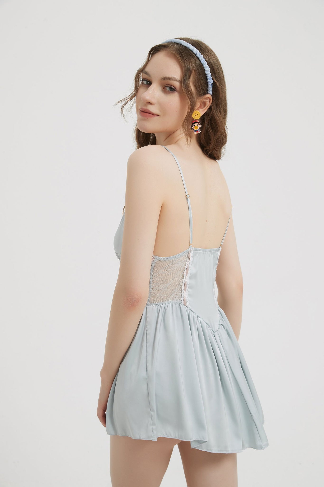 Baby Blue Silk Sexy Side Body Lace Nightdress - Risette 