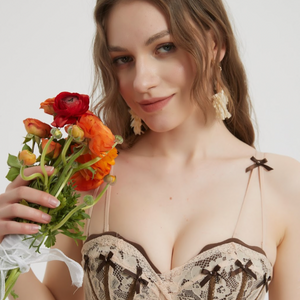 Beige Bow-Detail Corset Bra and Lace Panty Set - Risette 