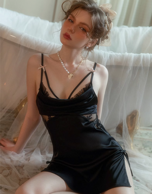 Black Elegant Lace Spaghetti Slip Dress Lingerie - Risette 