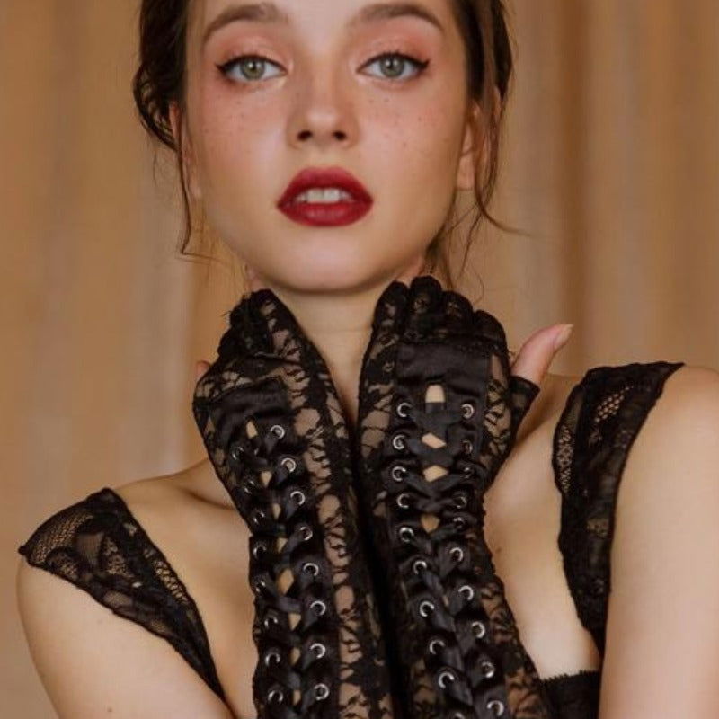 Black Laceup Strap Fingerless Babydoll Gloves - Risette 
