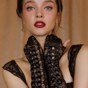 Black Laceup Strap Fingerless Babydoll Gloves - Risette 