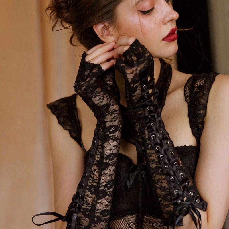 Black Laceup Strap Fingerless Babydoll Gloves - Risette 