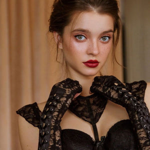 Black Laceup Strap Fingerless Babydoll Gloves - Risette 