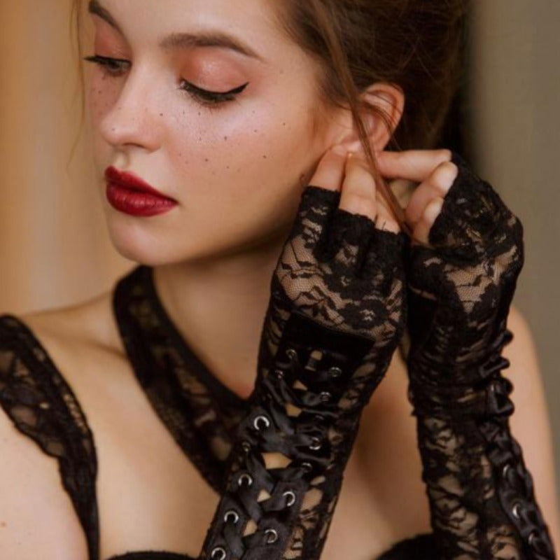 Black Laceup Strap Fingerless Babydoll Gloves - Risette 