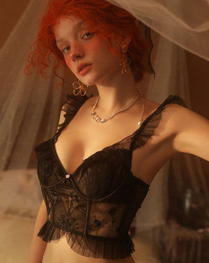 Black See through Ruffle Bra and Panty set French inspired lingerie - Risette 