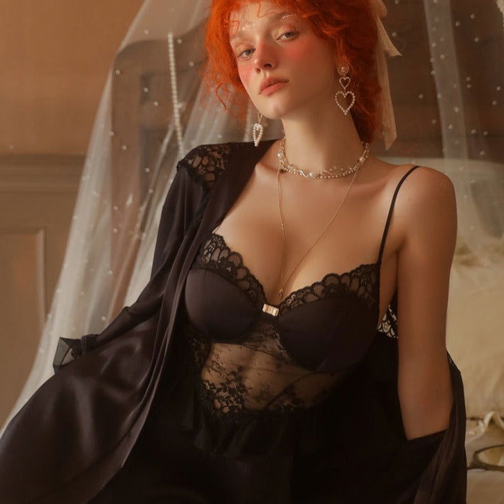 Black Sexy Elegant See through Nightdress with Robe  Risette