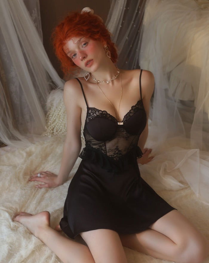 Black Sexy Elegant See through Nightdress with Robe - Risette 
