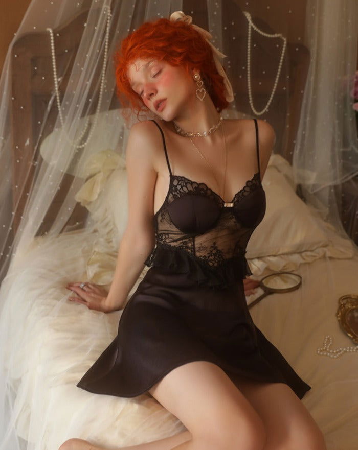 Black Sexy Elegant See through Nightdress with Robe - Risette 
