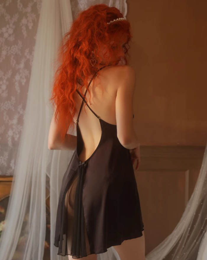 Black Sexy Mesh Slip Top with Panty Set Lingerie - Risette 