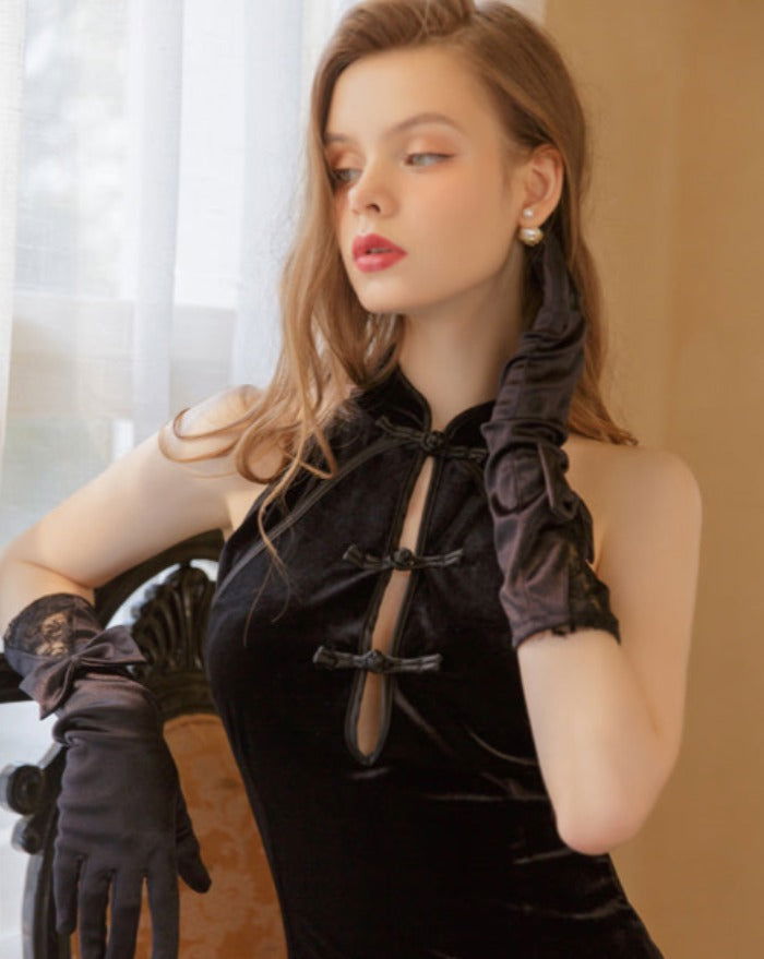 Black Side Split Retro Velvet Cheongsam Dress - Risette 