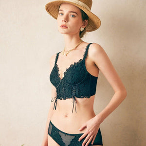 Black Thin Push Up Lace Comfy Bralette Lingerie Set - Risette 