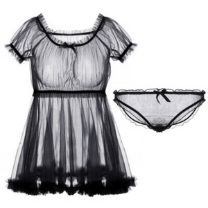 Black White Night Dress Babydoll Transparent Ruffles - Risette 