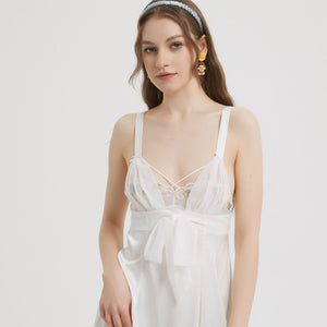 Chic White Satin Bow Tie Babydoll Dress - Risette 
