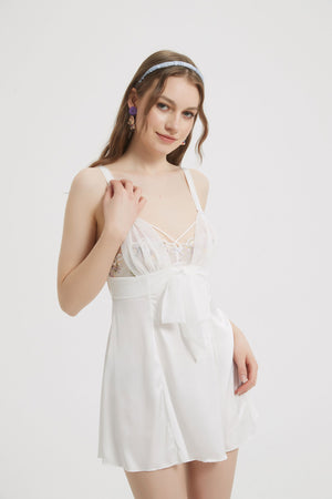 Chic White Satin Bow Tie Babydoll Dress - Risette 