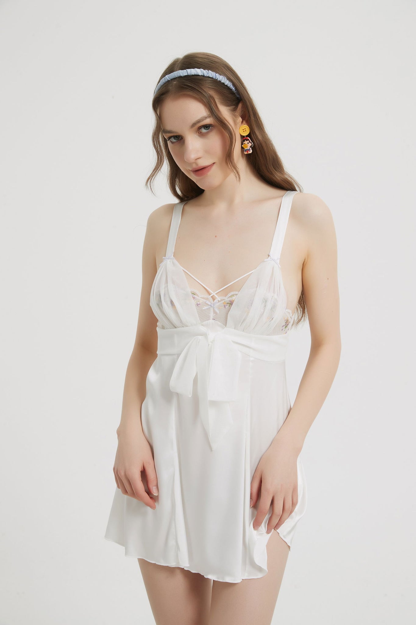 Chic White Satin Bow Tie Babydoll Dress - Risette 