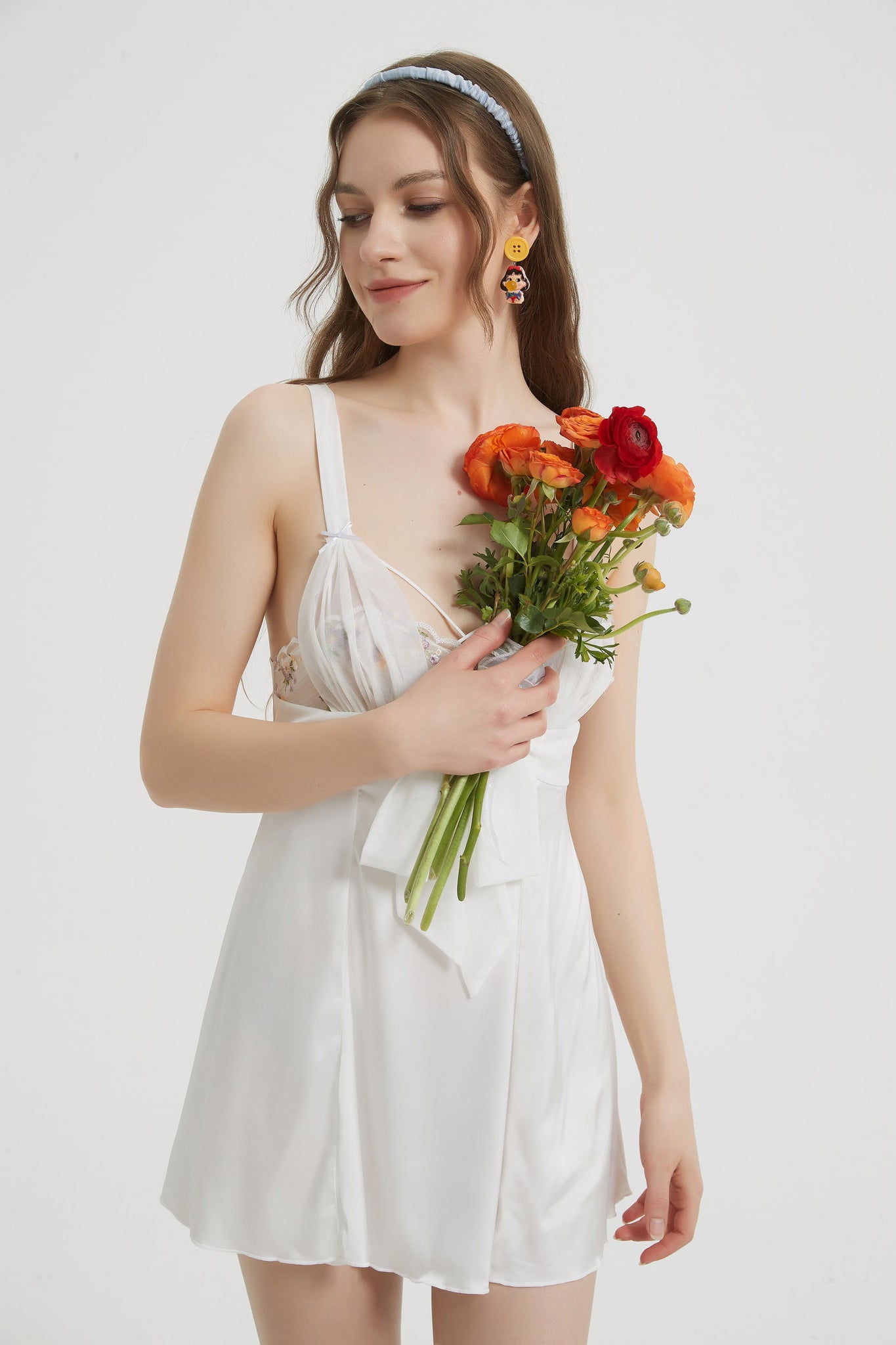 Chic White Satin Bow Tie Babydoll Dress - Risette 