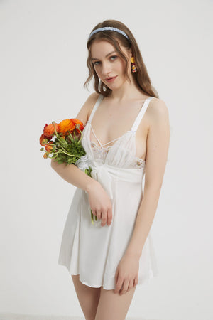 Chic White Satin Bow Tie Babydoll Dress - Risette 