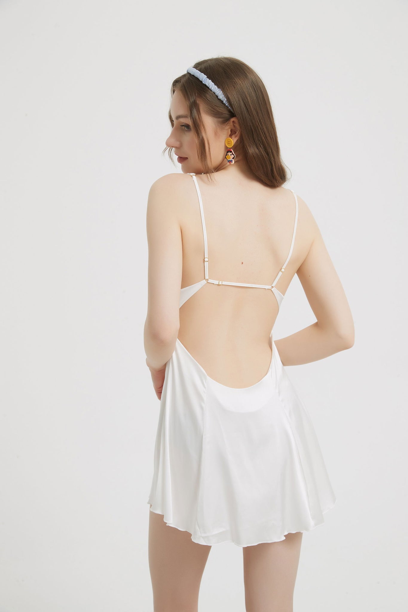 Chic White Satin Bow Tie Babydoll Dress - Risette 