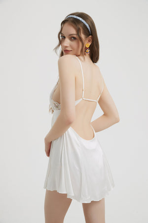 Chic White Satin Bow Tie Babydoll Dress - Risette 