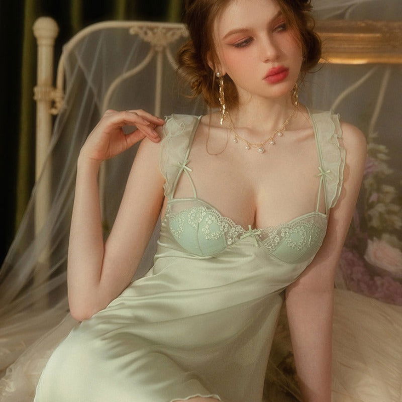 Elegant Green Silky Nightdress with Chestpads - Risette 